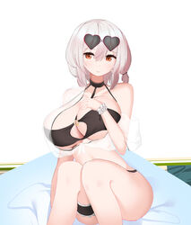 1girls alternate_version_available azur_lane big_breasts bikini female female_only hand_on_breast light-skinned_female light_skin looking_at_viewer nicorima orange_eyes royal_navy_(azur_lane) see-through_clothing silver_hair sirius_(azur_lane) sirius_(scorching-hot_seirios)_(azur_lane) solo sunglasses_on_head tagme