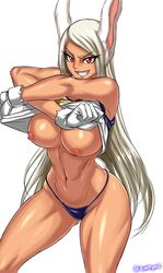 abs absurd_res arms_up big_breasts bunny_ears bunny_tail dark-skinned_female dark_skin fangs female female_only grin highres long_hair looking_at_viewer miruko muscular muscular_female my_hero_academia nipples panties red_eyes rumi_usagiyama seductive shirt shirt_lift smile solo solo_female solo_focus standing teeth undressing white_hair zantyarz