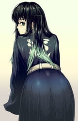 androgynous ass_focus back_view bent_over big_ass black_hair butcherboy demon_slayer femboy feminine_male fully_clothed green_eyes japanese_text kimetsu_no_yaiba long_hair looking_back male male_only muichiro_tokitou rear_view solo two_tone_hair