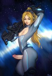 1futa areolae big_penis blonde_hair bodysuit breasts clothed clothing erection functionally_nude futa_only futanari ghost_(starcraft) gun human humanoid intersex light-skinned_futanari long_hair mavezar mostly_clothed nipples nova_(starcraft) pale_skin penis small_breasts solo standing starcraft terran thick_thighs wide_hips