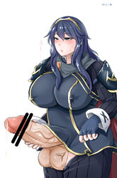 1futa ahyo_apostle balls blue_eyes blue_hair breasts censored clothed clothing covered_nipples curvy erection fingerless_gloves fire_emblem fire_emblem_awakening futa_only futanari gloves huge_balls huge_breasts huge_cock human light-skinned_futanari light_skin long_hair lucina_(fire_emblem) masturbation mostly_clothed nintendo pale_skin pantyhose penis precum solo standing sweat thick_thighs tiara villiers_hyunou voluptuous