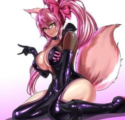 1girls absurd_res animal_ears animal_tail armwear blush bodysuit busty child_bearing_hips clothed clothing curvaceous curvy erect_nipples fate/grand_order fate_(series) female female_focus female_only fox_ears fox_girl fox_tail glasses hair_ornament hand_between_legs highres huge_ass huge_breasts inviting kitsune koyanskaya_(assassin) koyanskaya_(assassin_first_ascension) koyanskaya_(fate) long_hair looking_at_viewer nipples nipples_visible_through_clothing pink_hair ribbon seductive seductive_smile smile smiling_at_viewer solo solo_female suggestive tamamo_no_mae_(fate) thick thick_ass thick_thighs voluptuous wariza wide_hips yellow_eyes zantyarz