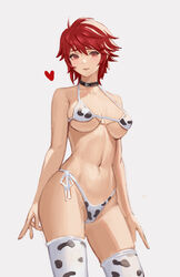 1girls absurdres animal_print arms_at_sides bangs bare_arms bare_shoulders bikini blush breasts collar collarbone commentary commission cow_print english_commentary female fire_emblem fire_emblem_fates heart highres hinoka_(fire_emblem) jonbur_man large_breasts looking_at_viewer micro_bikini navel nintendo parted_lips print_legwear red_eyes red_hair short_hair side-tie_bikini smile solo stomach swimsuit thighhighs toned underboob white_bikini white_legwear