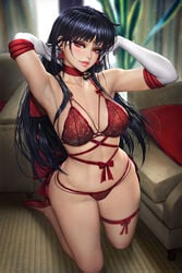 bishoujo_senshi_sailor_moon black_hair bra gloves lingerie long_hair looking_at_viewer neoartcore nudtawut_thongmai panties red_lingerie rei_hino sailor_mars small_breasts small_panties thick_thighs