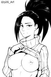 big_breasts biitii_art black_hair breasts female_only flashing flashing_breasts looking_at_viewer momo_yaoyorozu monochrome my_hero_academia nipple_piercing nipples presenting_breasts solo sweater sweater_lift