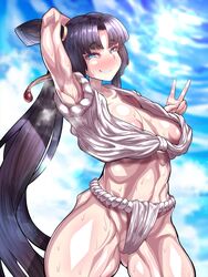 abs armpits fate/grand_order fate_(series) female fundoshi grin large_breasts muscular_female side_ponytail sweat ushiwakamaru_(fate/grand_order) yamakasa