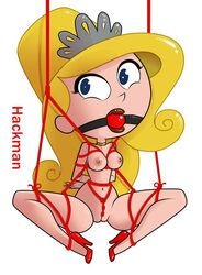 ball_gag blonde_hair blue_eyes bondage cartoon_network eris_(billy_and_mandy) female hackman heels large_breasts long_hair red_heels rope_bondage solo the_grim_adventures_of_billy_and_mandy tiara white_background