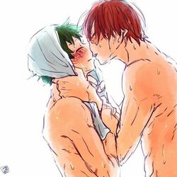 1:1_aspect_ratio 2boys abs after_bath bath bathing blush closed_eyes drying_hair eyes green_hair izuku_midoriya kissing male multiple_boys muscle my_hero_academia nervous nude red_hair shouto_todoroki shower towel wet white_hair yaoi