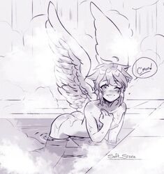 1boy angel angel_boy angel_wings ass blush curvy femboy happy hot_spring inviting kid_icarus kid_icarus_uprising looking_at_viewer male male_only monochrome nintendo pit_(kid_icarus) soft_sizzle solo wet wings