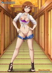 1girls ass bare_arms bare_legs bare_shoulders barefoot bbmbbf belly belly_button belt belt_buckle best_student_council big_breasts bra breasts brown_eyes brown_hair buckle cleft_of_venus clitoris diamond_level door erect_nipple female female_focus female_only full_body gokujou_seitokai hair hallway hands_on_own_hips hands_on_own_thighs high_heeled_shoes high_heels jewelry kinjo_nanajo looking_at_viewer necklace nipples no_panties palcomix pants_down pietros_secret_club purple_bra pussy see-through see-through_clothing shirt_tied_around_breasts shirt_tied_around_waist short_hair short_pants smile smiling smiling_at_viewer solo solo_female solo_focus standing stockings stomach teeth thick_thighs thighs tomboy underwear vagina