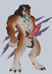 animal_genitalia animal_penis anthro ball_tuft big_feet big_penis blazingifrit blizzard_entertainment braided_hair canid canine_penis claws ear_piercing ear_ring feet genitals hair hand_on_own_penis huge_cock knot looking_at_viewer male male_only mammal muscular muscular_male penis piercing smile solo teeth tuft video_games warcraft were werecanid worgen