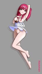 armpits bangs brown_eyes eyeshadow grey_background hackman large_breasts long_hair magi:_the_labyrinth_of_magic morgiana necklace no_panties one_arm_up red_hair white_dress