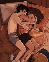 1boy 1girls black_shorts cuddle cuddling female harry_and_hermione harry_james_potter harry_potter hastyhand hermione_granger male shirtless_male shorts sleep tired