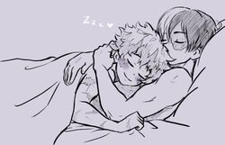 2boys bed bed_sheet blush closed_eyes embracing hug izuku_midoriya kinnme male multiple_boys my_hero_academia on_bed shouto_todoroki sleeping smile topless yaoi