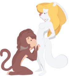 1boy 1girls animaniacs animated anthro blonde_hair color colored cunnilingus female furry knighthood licking_pussy male minerva_mink monkey no_background tagme tail unknown_artist white_body