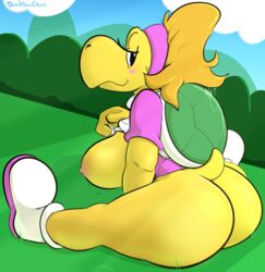 2021 anthro ass big_breasts bottomless breasts clothed clothing clothing_lift davidsanchan female hi_res huge_breasts koopa koopie_koo looking_at_viewer looking_back mario_(series) nintendo paper_mario rear_view scalie shirt shirt_lift sitting smile smirk solo straight_hair topwear video_games