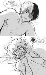 2boys bed blush comedy covering_mouth english english_text funny high_resolution in_pain izuku_midoriya kinnme male multiple_boys my_hero_academia on_bed sex shouto_todoroki tears text topless yaoi