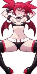 1girls barely_clothed belt blush color colored disgaea earrings elf_ears etna eyebrows_visible_through_hair female female_only legwear light_skin manyakis nippon_ichi_software pointy_ears red_eyes red_hair revealing_clothes skull_earrings small_breasts smile solo tagme thighhigh_boots tied_hair transparent_background wings