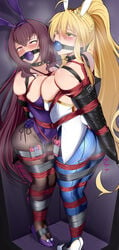 2girls armbinder arms_behind_back artoria_pendragon artoria_pendragon_(swimsuit_ruler) bagelbomb ball_gag bdsm big_breasts blonde_hair blush bondage bound_together breasts breasts_to_breasts bunny_ears bunnysuit collar eyes_rolling_back fate/grand_order fate_(series) female female_only femsub forced_orgasm gag gagged green_eyes heavy_breathing high_heels linked_collar long_hair multiple_girls multiple_subs purple_hair rope rope_bondage scathach_(fate) scathach_(piercing_bunny) sex_toy submissive_female symmetrical_docking tape vibrator