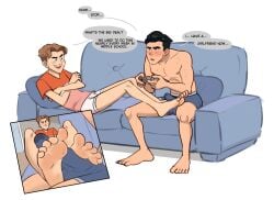 2boys barefoot black_hair blush buldge couch feet foot_fetish footjob friends gay invincible male_feet male_only mark_grayson pantless playing_videogame sodabox speech_bubble stain stained_underwear sweating underwear_only william_clockwell