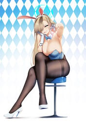 1girls 2021 alternate_version_available animal_ears armpits asuna_(blue_archive) asuna_(bunny)_(blue_archive) bangs bare_shoulders black_legwear blue_archive blue_bow blue_bowtie blue_eyes blue_leotard blueorca bow bowtie breasts cleavage crossed_legs detached_collar fake_animal_ears female female_focus female_only full_body gloves gradient gradient_background grin hair_over_one_eye halo hand_in_hair hand_on_own_cheek hand_on_own_face high_heels highres large_breasts leotard light_brown_hair long_hair looking_at_viewer millennium_science_school_student mole mole_on_breast pantyhose parted_lips patterned_background playboy_bunny rabbit_ears sitting smile solo solo_female stool teeth thighs white_footwear white_gloves