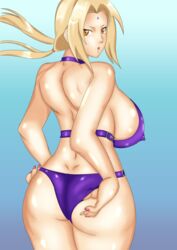 adjusting_swimsuit ass backless backless_outfit bare_legs bare_shoulders big_ass big_breasts blonde_hair breasts brown_eyes female female_only from_behind hourglass_figure huge_breasts large_breasts lipstick looking_at_viewer looking_back makeup nail_polish naruto naruto_(series) naruto_shippuden one-piece_swimsuit purple_swimsuit revealing_swimsuit sideboob solo solo_focus stnkwbm9457 swimsuit tied_hair tsunade twintails voluptuous wide_hips