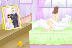 1boy 1girls anthro anthro_on_human asriel_dreemurr bedroom big_breasts brown_hair chara enjoying female_human femsub goat human human_on_anthro male/female male_anthro male_anthro/female_human maledom married_couple rainy_(artist) riding riding_penis romantic romantic_couple smiling undertale wholesome