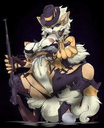 anthro arcanine breasts canid canine clothed clothing female firearm fur genitals ggrimmfield goes_hard gun hi_res holding_object holding_weapon mammal nintendo nipples pokemon pokemon_(species) pussy ranged_weapon rifle solo submachine_gun thompson_submachine_gun video_games weapon