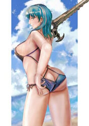 1girls adjusting_clothes adjusting_swimsuit alternate_costume ari_gd2_gd1 ass back_view black_bikini black_swimsuit blue_bikini blue_swimsuit breasts butt_crack byleth_(fire_emblem) byleth_(fire_emblem)_(female) female fire_emblem fire_emblem:_three_houses looking_at_viewer looking_back medium_breasts medium_hair nintendo outdoors outside sideboob smile solo swimsuit sword sword_of_the_creator teal_hair weapon