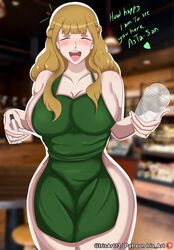 1girls big_breasts black_clover blush breasts green_apron hazel_hair huge_breasts iced_latte_with_breast_milk irisart13 meme mimosa_vermillion naked_apron orange_hair royalty smile solo solo_focus starbucks text