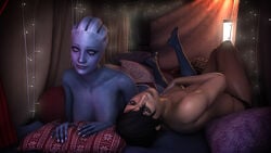 2girls 3d asari asarimaniac ass barefoot bioware blue_eyes commander_shepard feet feet_up female female_only female_protagonist femshep implied_yuri liara_t'soni looking_at_viewer mass_effect nude smile soles yuri