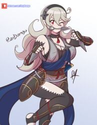 1girls ;) alternate_costume bare_thighs breasts cleavage corrin_(female)_(ninja)_(fire_emblem) corrin_(fire_emblem) corrin_(fire_emblem)_(female) elbow_gloves female fingerless_gloves fire_emblem fire_emblem_fates fire_emblem_heroes gloves grey_hair inner_thighs knife large_breasts long_hair looking_at_viewer ninja nintendo official_alternate_costume raydango red_eyes sideboob smile solo thighs weapon weapon_in_mouth wink