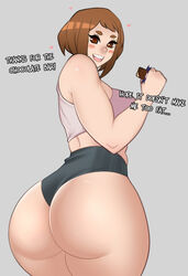 1girls ass big_ass big_butt bimbo blush blushing bottom_heavy breasts brown_hair dialogue english_text female female_only foxicube looking_at_viewer looking_back my_hero_academia ochako_uraraka open_mouth solo solo_female text tiny_waist weight_gain