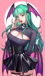 1girls capcom choker cleavage_cutout clothing collar corset darkstalkers demon_wings dress fangs female female_only finger_to_mouth garter_straps green_eyes green_hair hanny_(uirusu_chan) head_wings heart_choker hi_res large_breasts leg_strap long_hair looking_at_viewer morrigan_aensland open_mouth solo solo_female succubus thigh_squish uirusu_chan upper_body wings