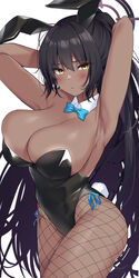 1girls 2021 aqua_bow aqua_bowtie aqua_ribbon armpits arms_up bangs black_hair black_leotard blue_archive blush bow bowtie breasts chakoboshi_taro cleavage cowboy_shot dark-skinned_female dark_skin detached_collar eyebrows_visible_through_hair female female_focus female_only fishnet_legwear fishnets halo highres karin_(blue_archive) karin_(bunny)_(blue_archive) large_breasts leotard long_hair millennium_science_school_student playboy_bunny ponytail pout ribbon sidelocks simple_background solo solo_female thighs very_long_hair white_background yellow_eyes