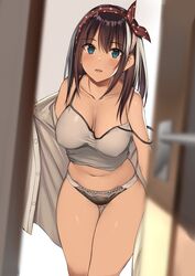 bare_shoulders blue_eyes breasts brown_hair camisole cleavage collarbone covered_erect_nipples cowboy_shot crop_top female gluteal_fold grey_panties hair_ribbon jacket kureha_(ironika) large_breasts long_hair looking_at_viewer navel no_bra no_pants off_shoulder open_clothes open_jacket open_mouth original panties ribbon shirt sleeveless sleeveless_shirt solo spaghetti_strap stomach strap_slip thigh_gap thighs tsubasa_(kureha) underwear white_jacket white_shirt