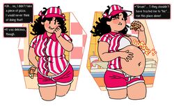 1girls bbw big_belly bloated button_down_shirt cap chubby chubby_female clothed clothing dark_hair earthbound eating eating_food english_text fat fat_woman female female_only hat human long_hair mach_pizza mach_pizza_employee miss_that_man mob_face mother_2 open_clothes overweight overweight_female pizza pizza_box pizza_delivery red_cap red_stripes shop short_shorts shortstack solo text text_box weight_gain white_stripes