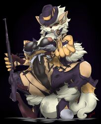 anthro arcanine breasts canid canine clothed clothing female firearm fur genitals ggrimmfield goes_hard gun hi_res holding_object holding_weapon mammal nintendo nipples pokemon pokemon_(species) pussy ranged_weapon rifle solo submachine_gun thompson_submachine_gun video_games weapon