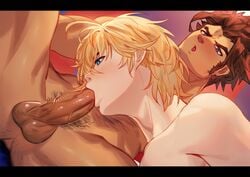 2boys balls bara blonde_hair blue_eyes blush brown_hair fellatio femboy gay hairy hairy_ass interracial light_skin looking_pleasured male male/male male_only oa_reeeere oral pale-skinned_femboy pale-skinned_male penis pubic_hair rereezhang reyn_(xenoblade) shulk_(xenoblade) sideburns spread_legs tan-skinned_male twink veiny_penis xenoblade_(series) xenoblade_chronicles yaoi