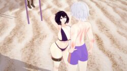 3d alternate_breast_size arms_behind_head beach big_breasts bikini father_and_daughter fire_emblem fire_emblem_awakening huge_breasts light-skinned_female light-skinned_male light_skin morgan_(fire_emblem) morgan_(fire_emblem)_(female) nintendo outdoors outside purple_hair rhcpftw robin_(fire_emblem) robin_(fire_emblem)_(male) sand short_hair sweat swimsuit swimwear thighs wet wide_hips