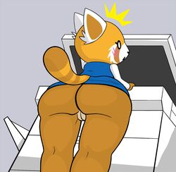 2d aggressive_retsuko ailurid anthro ass blush clothed clothing female genitals lewdcrow looking_back low-angle_view mammal no_underwear office_lady photocopier pussy red_panda retsuko sanrio shocked simple_background smooth_skin solo