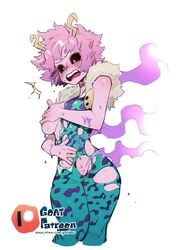 ability_indecency absurd_res acid black_sclera bodily_fluids breast_grab breast_squish breasts clothing female goatdraw hand_on_breast hero_outfit_(mha) hi_res horn humanoid melting_clothes mina_ashido my_hero_academia nervous open_mouth pink_body pink_skin solo squish steam surprise sweat wardrobe_malfunction