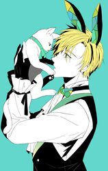 blonde_hair bunny_ears bunnysuit demon demon_boy feline green_background happy holding_cat obey_me!_one_master_to_rule_them_all satan suit