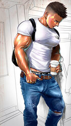 1boy artisticjinsky bara big_breasts big_muscles big_penis bulge bulge_down_leg bulge_through_clothing gay huge_pecs male male_focus male_only male_with_breasts muscle muscles muscular muscular_male muscular_thighs pecs tight_clothes tight_clothing tight_pants white_shirt