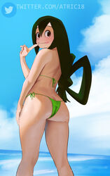 1girls ass ass_cleavage atric18 bikini blush butt_crack female long_hair looking_back micro_bikini my_hero_academia solo standing thighs tsuyu_asui