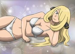 1girls blonde_hair bow_panties bra breasts collarbone cynthia_(pokemon) female hair_over_one_eye looking_at_viewer mao_yang_yi nintendo panties pokemon pokemon_dppt smile solo tagme underwear white_panties