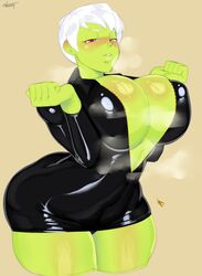 1girls alien_girl ass black_minidress blush blushing_profusely breasts cheelai cleavage dragon_ball dragon_ball_super female female_focus female_only green_skin half-closed_eyes huge_breasts latex looking_at_viewer minidress nezulet pushing_breasts_together seductive seductive_eyes seductive_look seductive_smile short_hair simple_background solo solo_female solo_focus steam steaming_body steamy_breath suggestive suggestive_look thick_thighs unzipped_minidress very_short_hair white_hair wide_hips