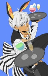 alcohol bunny_ears bunnysuit chest golden_eyes mammon_(obey_me) opened_shirt suit white_hair yellow_eyes