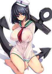 anchor anchor_symbol barefoot black_hair blue_eyes blush breasts commentary covered_navel covered_nipples eyebrows_visible_through_hair female hat head_tilt highres hishaku large_breasts looking_at_viewer minamitsu_murasa navel nipples sailor sailor_collar sailor_hat see-through see-through_shirt short_hair simple_background sitting solo textless touhou translated wariza white_background yukito_(dreamrider)