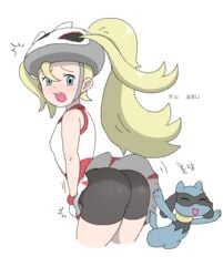 1boy 1girls 2020s 2021 accidental_exposure ambiguous_gender arms_up ass big_ass big_butt bike_helmet bike_shorts black_bottomwear blonde_hair blue_eyes blue_tail butt_crack_outline cyclist digital_art dress duo embarrassed female front_view gloves happy heroine human korrina_(pokemon) laugh light-skinned_female light_skin long_hair looking_back male nintendo open_mouth pokemon pokemon_dppt pokemon_xy rear_view riolu shorts shorts_under_dress simple_background spandex_shorts spats standing tail thick_thighs thighs tomboy two_tone_fur two_tone_handwear waagh white_background